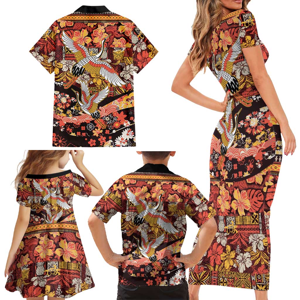 Japanese Hawaiian Crane Family Matching Short Sleeve Bodycon Dress and Hawaiian Shirt Yellow Ochre Tapa Patchwork Pattern LT9 - Polynesian Pride