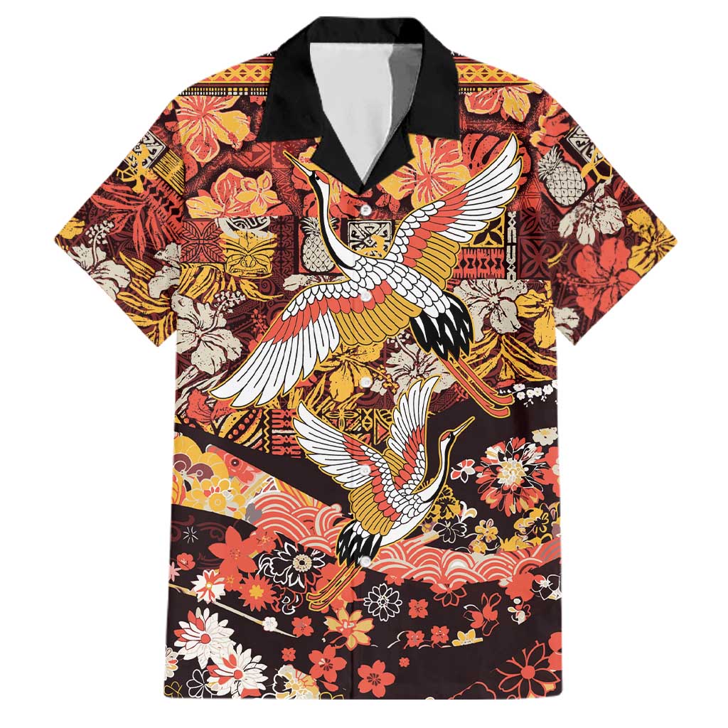 Japanese Hawaiian Crane Family Matching Summer Maxi Dress and Hawaiian Shirt Yellow Ochre Tapa Patchwork Pattern