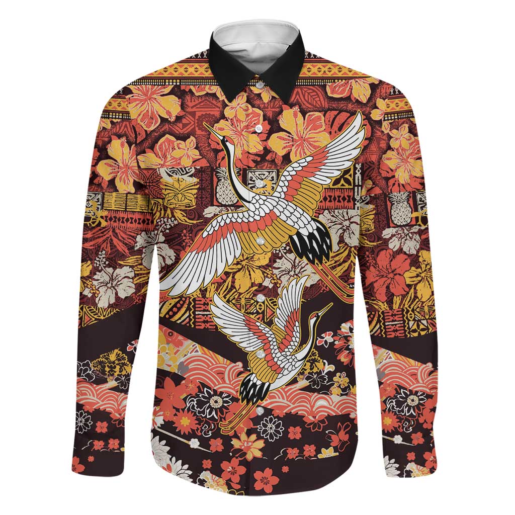 Japanese Hawaiian Crane Family Matching Summer Maxi Dress and Hawaiian Shirt Yellow Ochre Tapa Patchwork Pattern