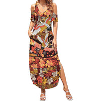 Japanese Hawaiian Crane Family Matching Summer Maxi Dress and Hawaiian Shirt Yellow Ochre Tapa Patchwork Pattern