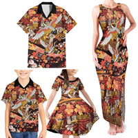 Japanese Hawaiian Crane Family Matching Tank Maxi Dress and Hawaiian Shirt Yellow Ochre Tapa Patchwork Pattern