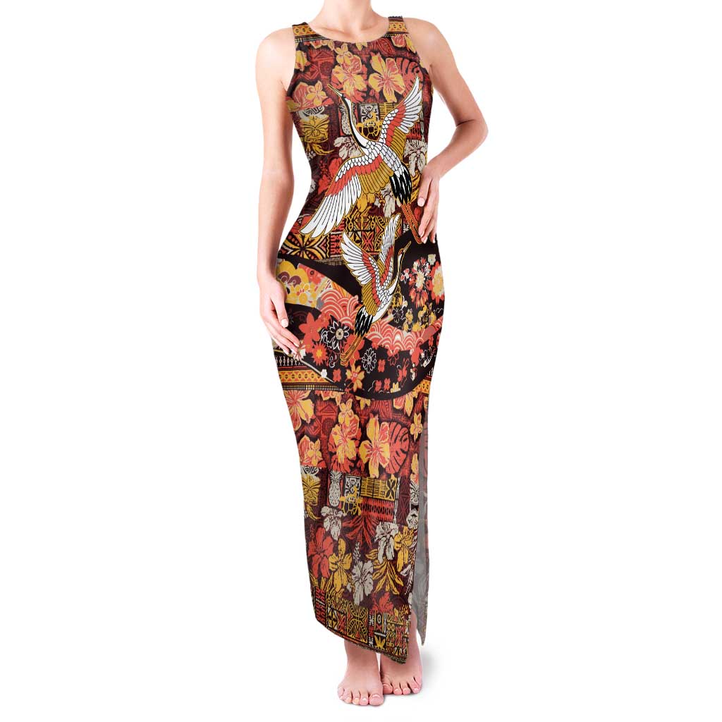 Japanese Hawaiian Crane Family Matching Tank Maxi Dress and Hawaiian Shirt Yellow Ochre Tapa Patchwork Pattern
