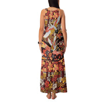 Japanese Hawaiian Crane Family Matching Tank Maxi Dress and Hawaiian Shirt Yellow Ochre Tapa Patchwork Pattern