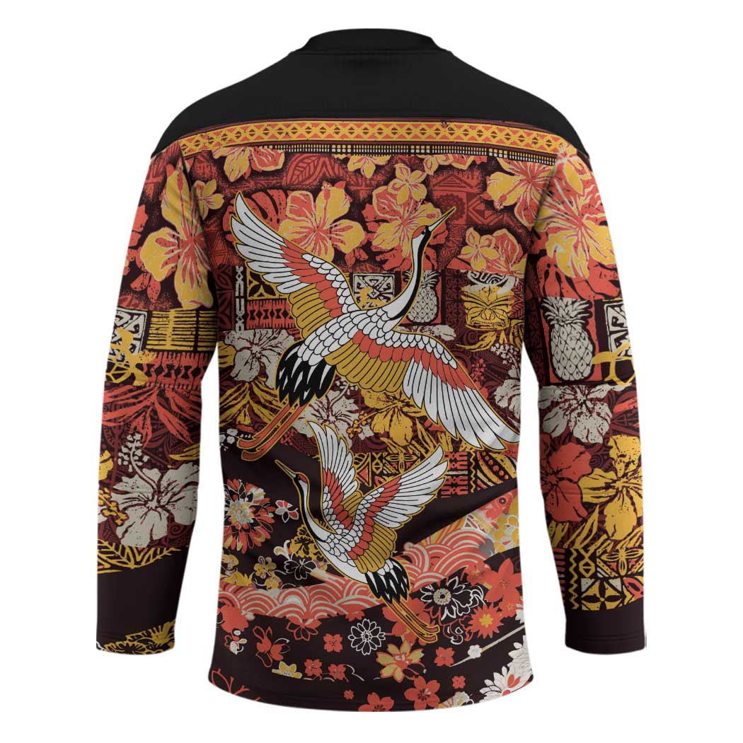 Japanese Hawaiian Crane Hockey Jersey Yellow Ochre Tapa Patchwork Pattern