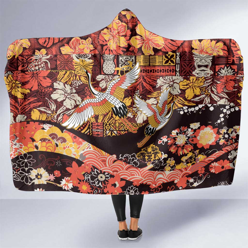Japanese Hawaiian Crane Hooded Blanket Yellow Ochre Tapa Patchwork Pattern