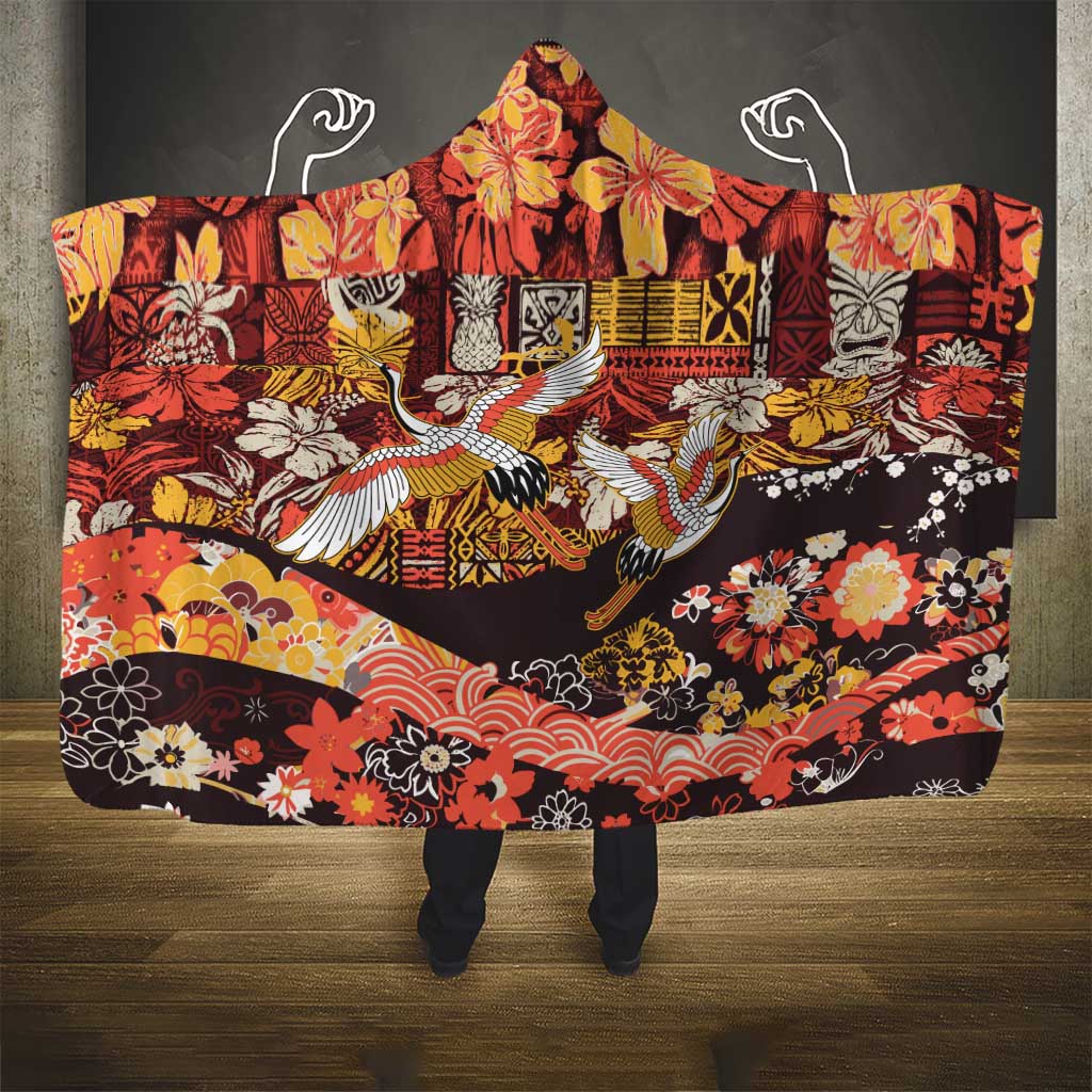 Japanese Hawaiian Crane Hooded Blanket Yellow Ochre Tapa Patchwork Pattern