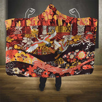 Japanese Hawaiian Crane Hooded Blanket Yellow Ochre Tapa Patchwork Pattern