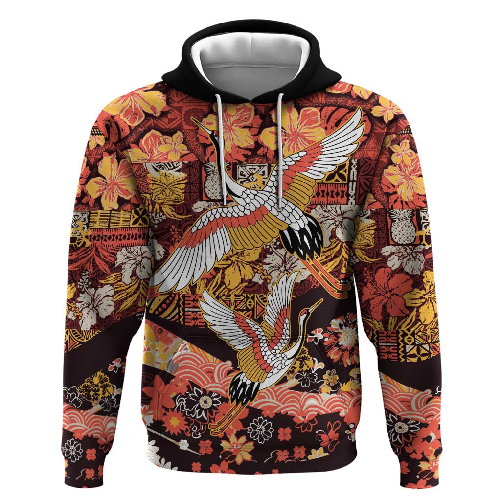 Japanese Hawaiian Crane Hoodie Yellow Ochre Tapa Patchwork Pattern