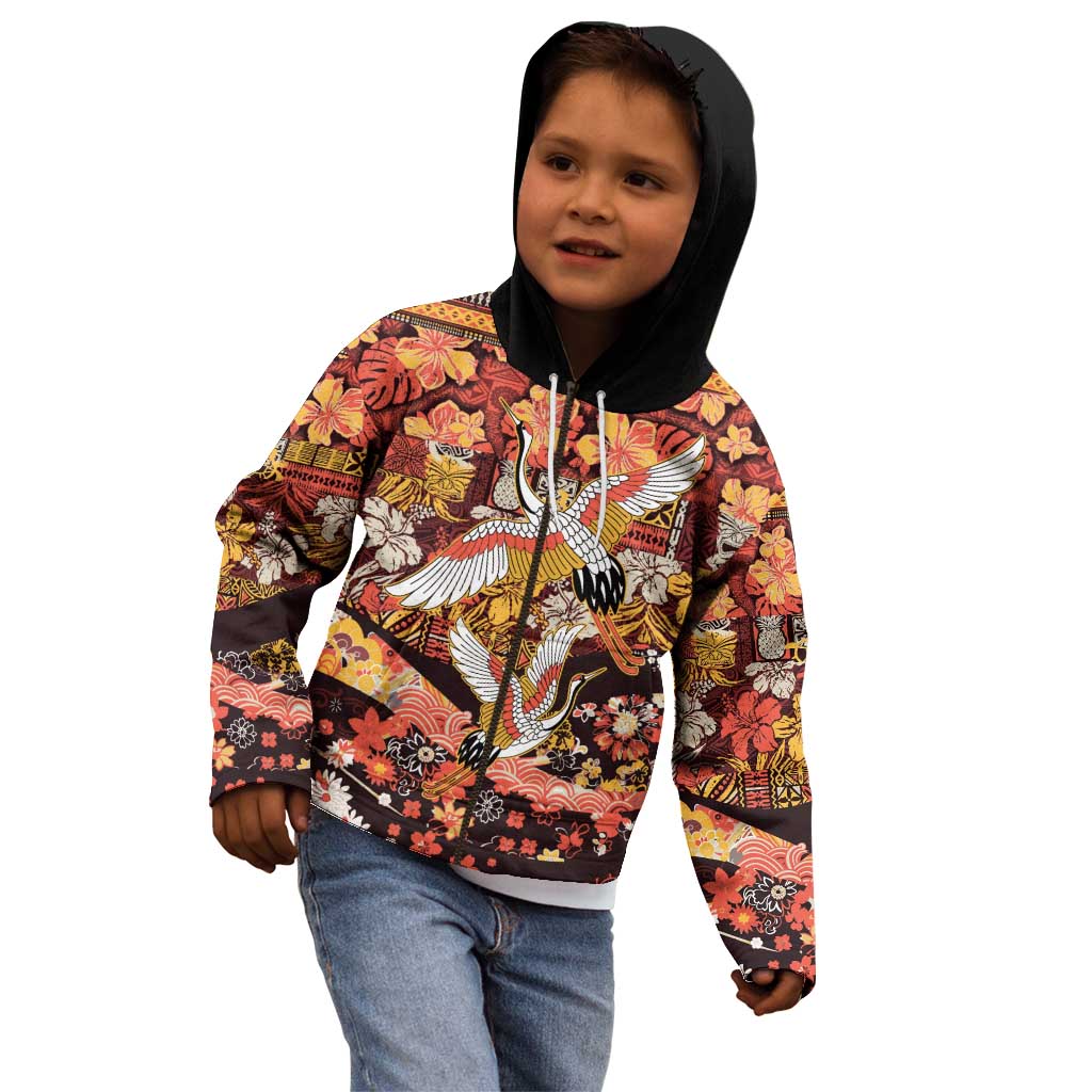 Japanese Hawaiian Crane Kid Hoodie Yellow Ochre Tapa Patchwork Pattern