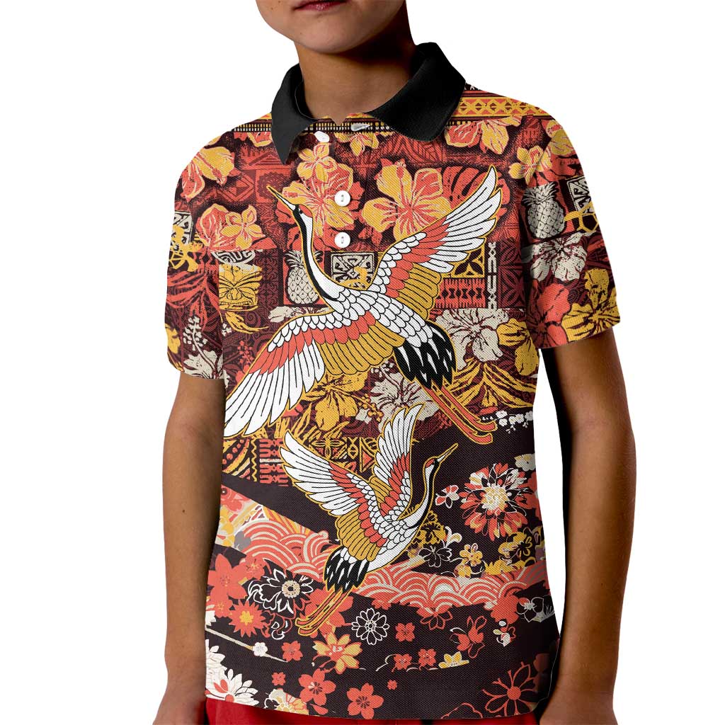 Japanese Hawaiian Crane Kid Polo Shirt Yellow Ochre Tapa Patchwork Pattern