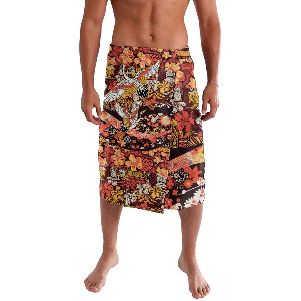 Japanese Hawaiian Crane Lavalava Yellow Ochre Tapa Patchwork Pattern