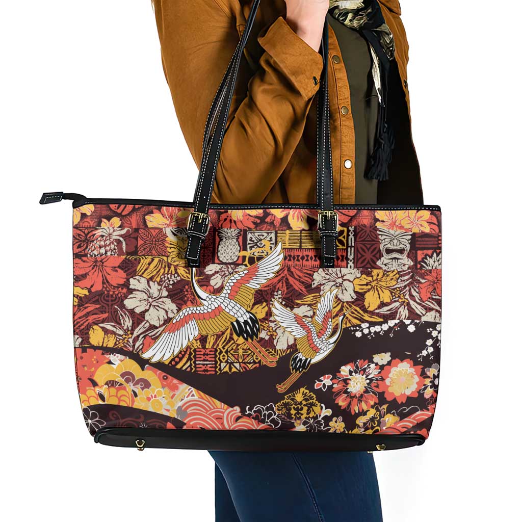 Japanese Hawaiian Crane Leather Tote Bag Yellow Ochre Tapa Patchwork Pattern