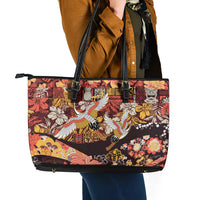 Japanese Hawaiian Crane Leather Tote Bag Yellow Ochre Tapa Patchwork Pattern