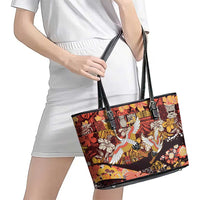 Japanese Hawaiian Crane Leather Tote Bag Yellow Ochre Tapa Patchwork Pattern