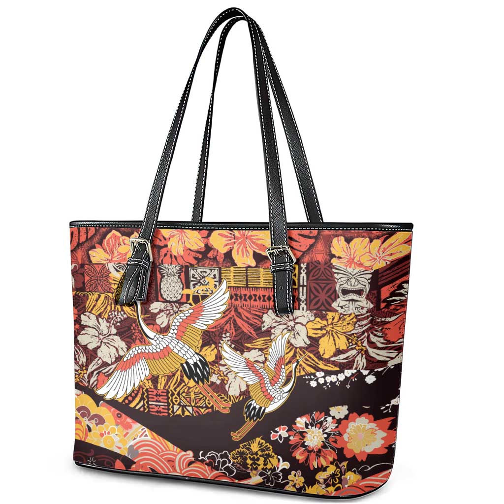 Japanese Hawaiian Crane Leather Tote Bag Yellow Ochre Tapa Patchwork Pattern