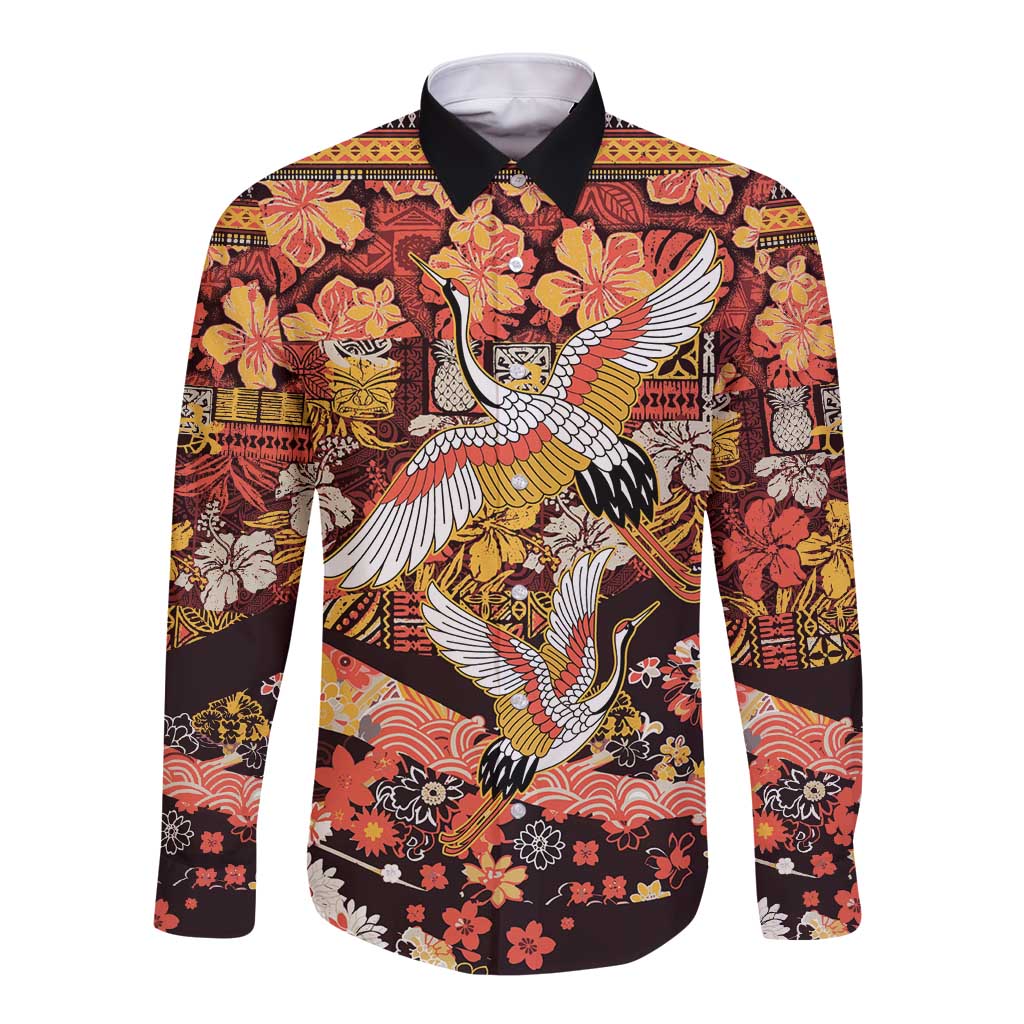 Japanese Hawaiian Crane Long Sleeve Button Shirt Yellow Ochre Tapa Patchwork Pattern