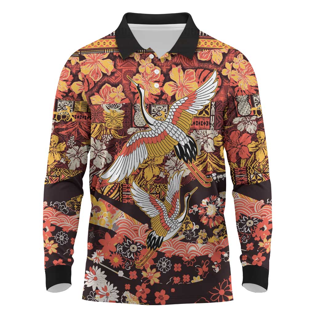 Japanese Hawaiian Crane Long Sleeve Polo Shirt Yellow Ochre Tapa Patchwork Pattern