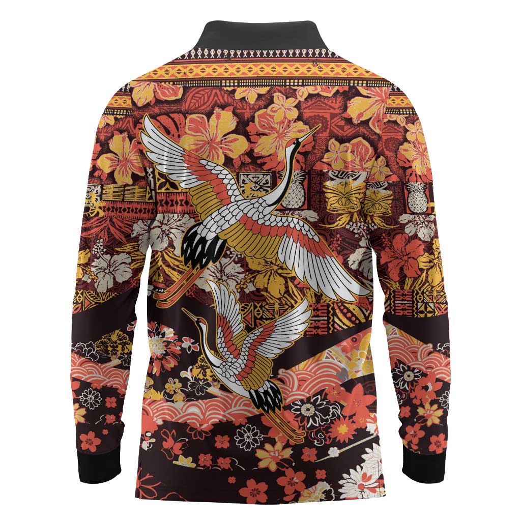 Japanese Hawaiian Crane Long Sleeve Polo Shirt Yellow Ochre Tapa Patchwork Pattern