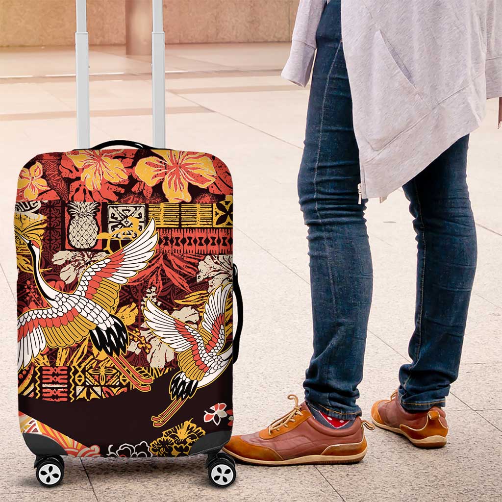 Japanese Hawaiian Crane Luggage Cover Yellow Ochre Tapa Patchwork Pattern
