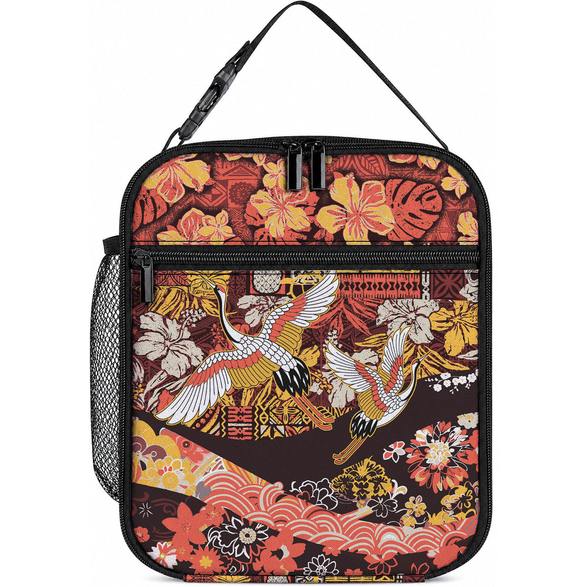 Japanese Hawaiian Crane Lunch Bag Yellow Ochre Tapa Patchwork Pattern LT9 10.2 × 8.3 × 4.3 inch Blue - Polynesian Pride