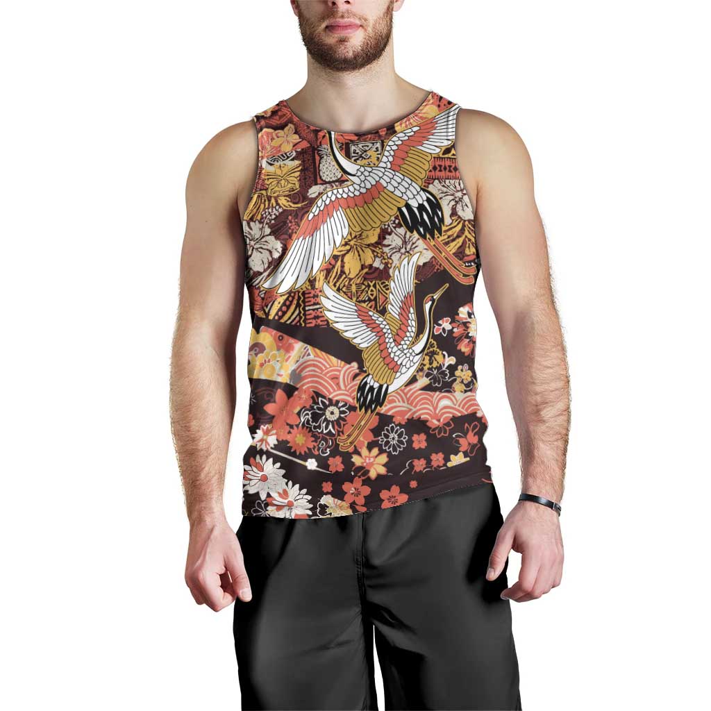 Japanese Hawaiian Crane Men Tank Top Yellow Ochre Tapa Patchwork Pattern