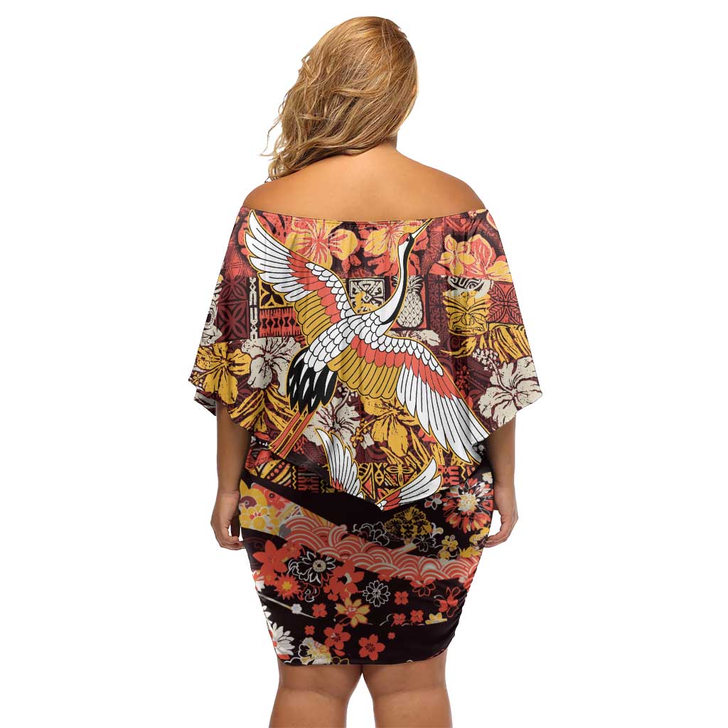 Japanese Hawaiian Crane Off Shoulder Short Dress Yellow Ochre Tapa Patchwork Pattern