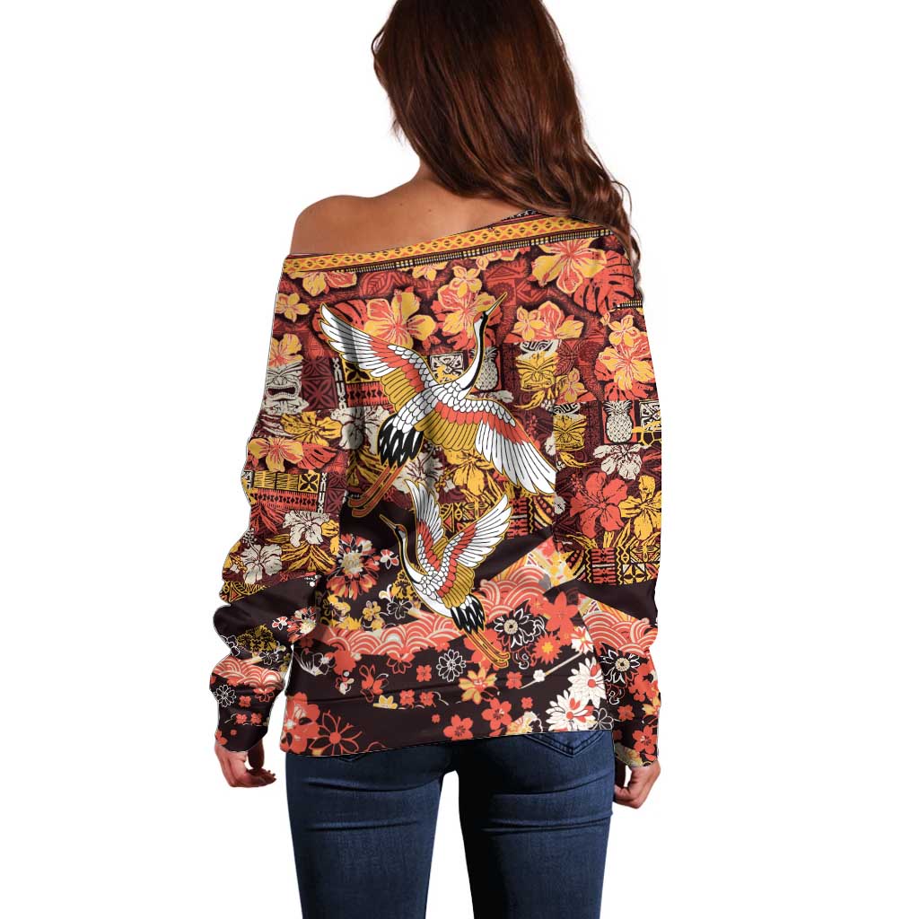 Japanese Hawaiian Crane Off Shoulder Sweater Yellow Ochre Tapa Patchwork Pattern