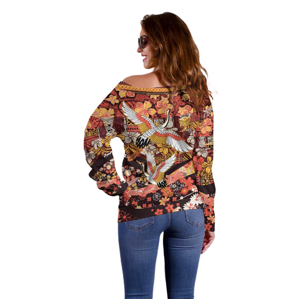 Japanese Hawaiian Crane Off Shoulder Sweater Yellow Ochre Tapa Patchwork Pattern