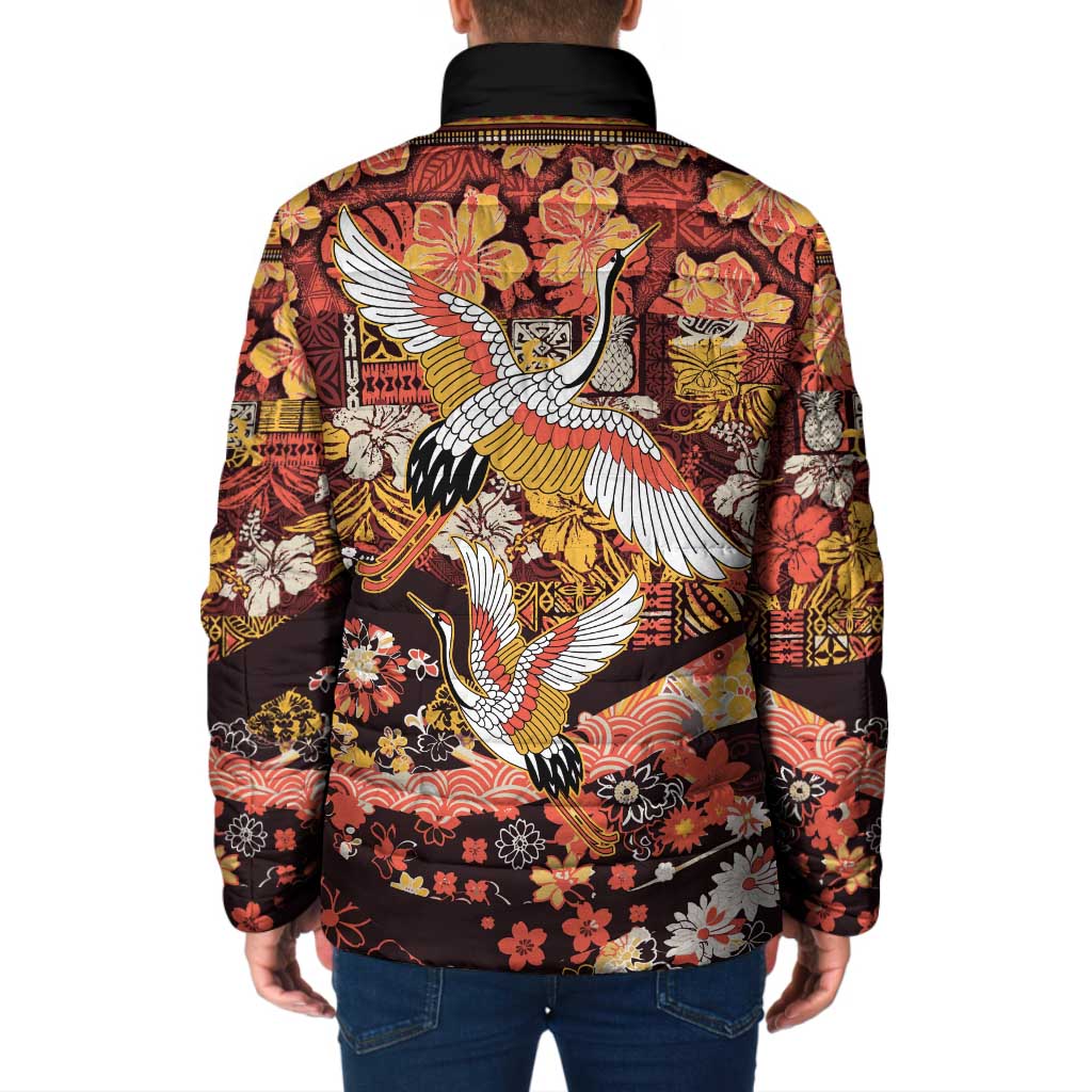 Japanese Hawaiian Crane Padded Jacket Yellow Ochre Tapa Patchwork Pattern