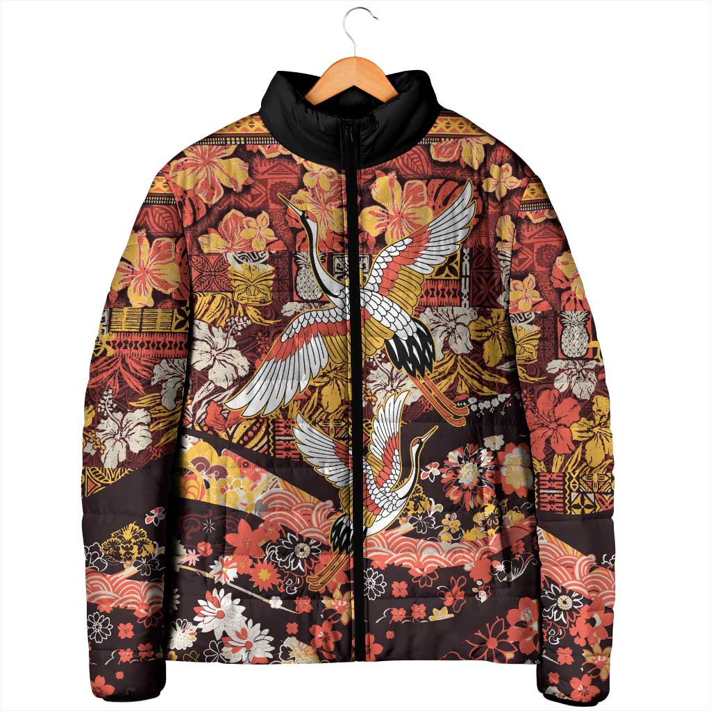 Japanese Hawaiian Crane Padded Jacket Yellow Ochre Tapa Patchwork Pattern