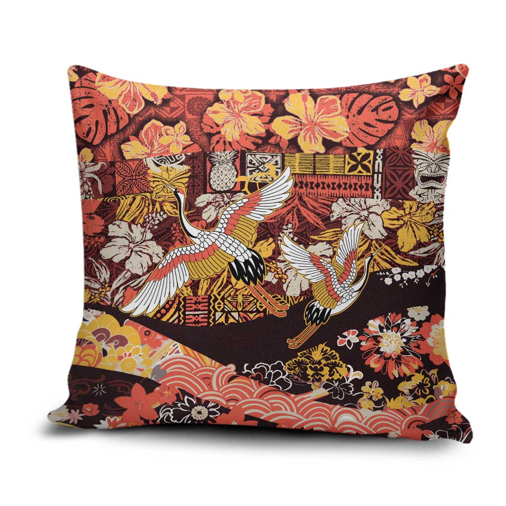 Japanese Hawaiian Crane Pillow Cover Yellow Ochre Tapa Patchwork Pattern