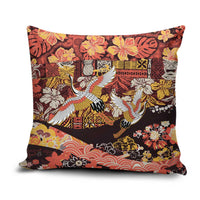 Japanese Hawaiian Crane Pillow Cover Yellow Ochre Tapa Patchwork Pattern
