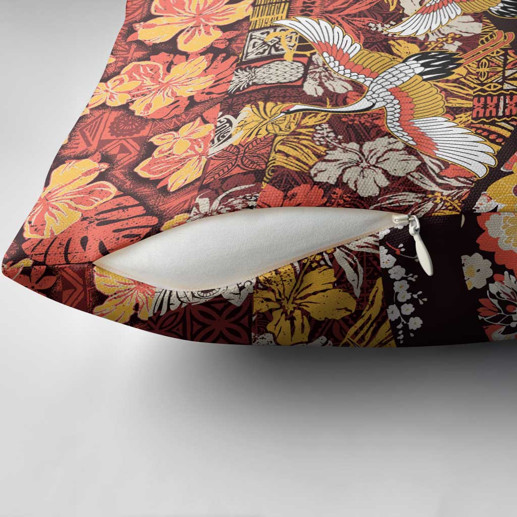 Japanese Hawaiian Crane Pillow Cover Yellow Ochre Tapa Patchwork Pattern
