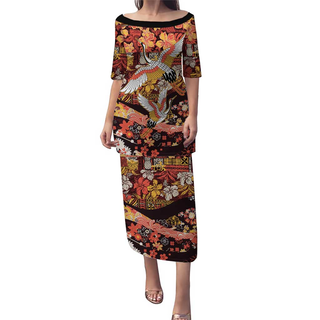 Japanese Hawaiian Crane Puletasi Yellow Ochre Tapa Patchwork Pattern