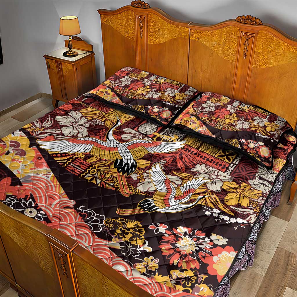 Japanese Hawaiian Crane Quilt Bed Set Yellow Ochre Tapa Patchwork Pattern