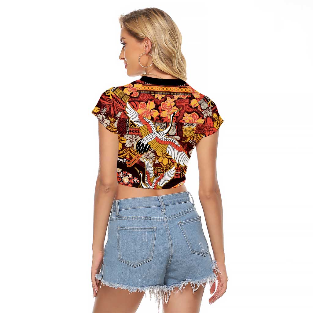 Japanese Hawaiian Crane Raglan Cropped T Shirt Yellow Ochre Tapa Patchwork Pattern
