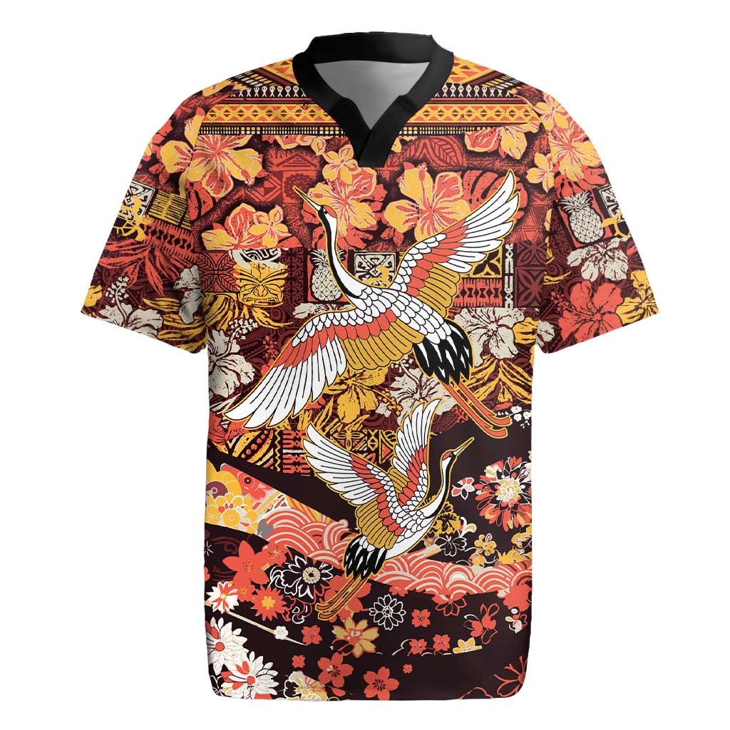 Japanese Hawaiian Crane Rugby Jersey Yellow Ochre Tapa Patchwork Pattern