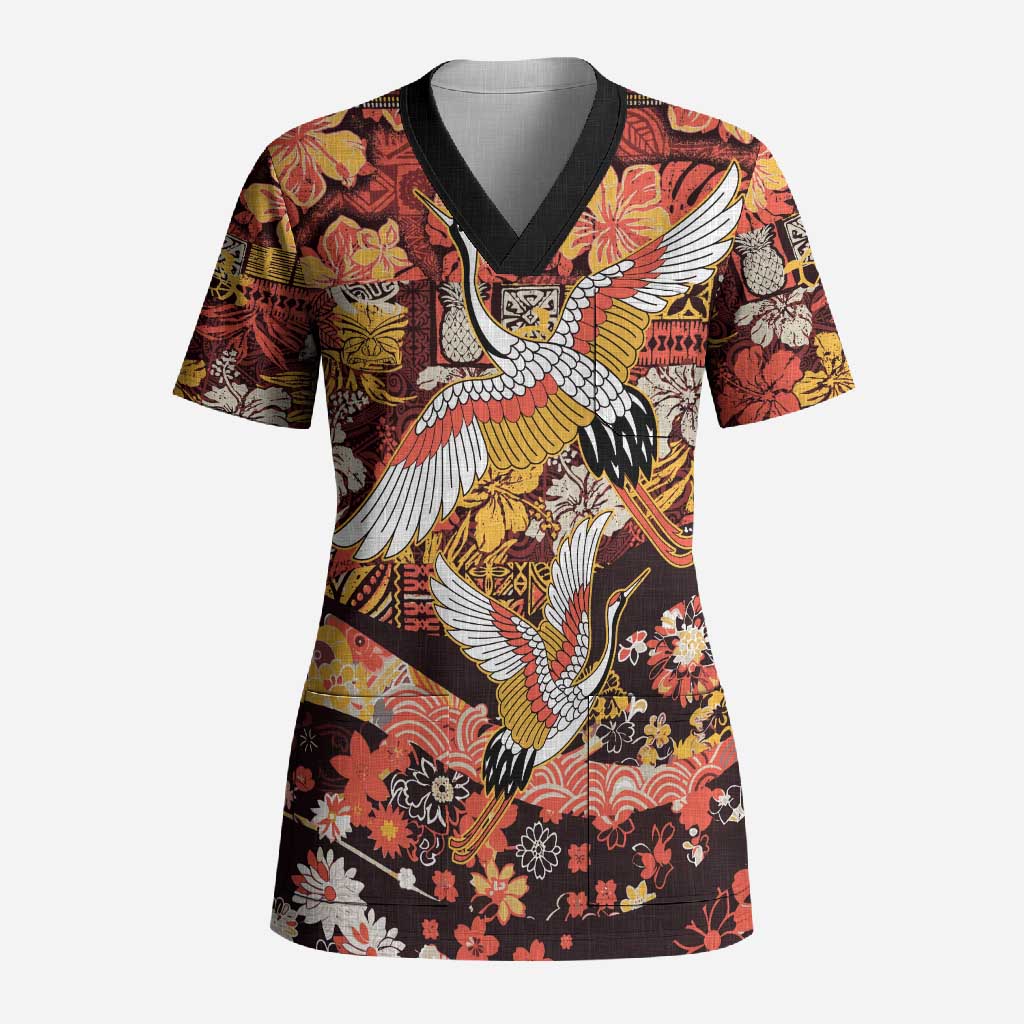 Japanese Hawaiian Crane Scrub Top Yellow Ochre Tapa Patchwork Pattern