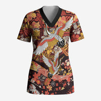 Japanese Hawaiian Crane Scrub Top Yellow Ochre Tapa Patchwork Pattern