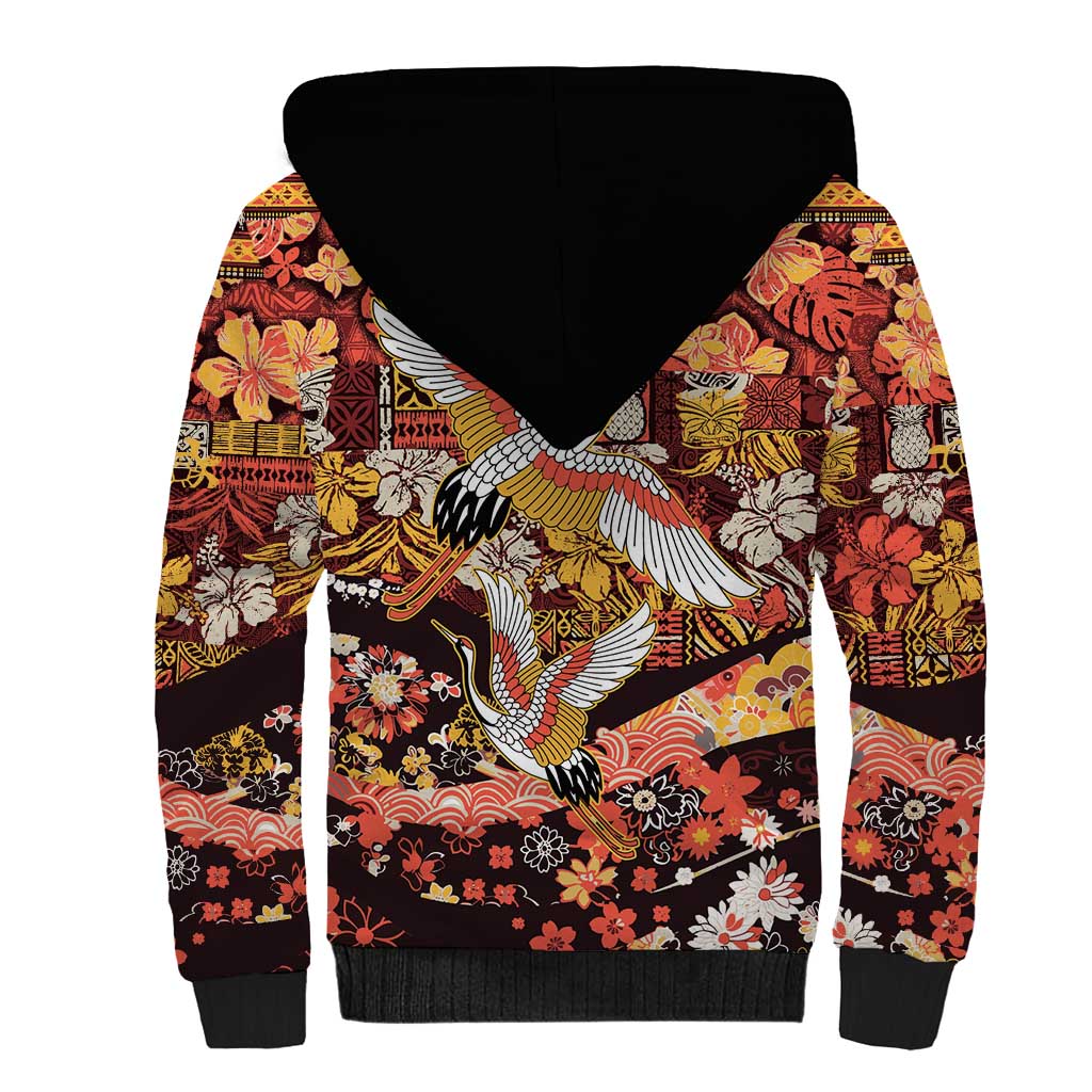 Japanese Hawaiian Crane Sherpa Hoodie Yellow Ochre Tapa Patchwork Pattern