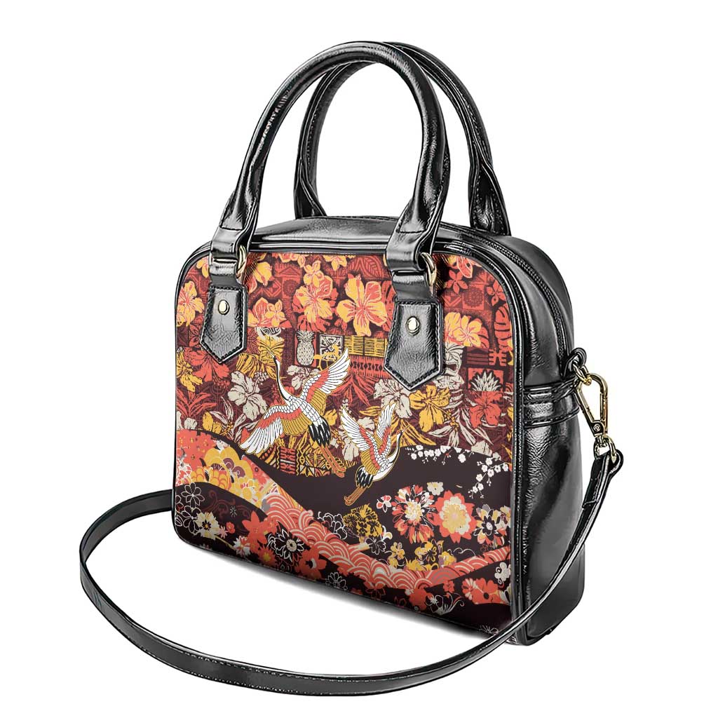 Japanese Hawaiian Crane Shoulder Handbag Yellow Ochre Tapa Patchwork Pattern