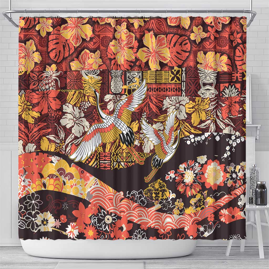 Japanese Hawaiian Crane Shower Curtain Yellow Ochre Tapa Patchwork Pattern
