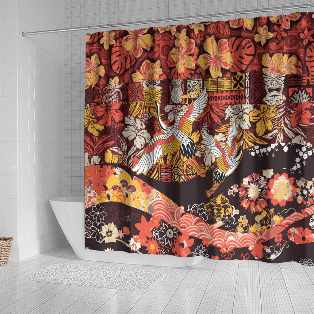 Japanese Hawaiian Crane Shower Curtain Yellow Ochre Tapa Patchwork Pattern