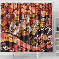 Japanese Hawaiian Crane Shower Curtain Yellow Ochre Tapa Patchwork Pattern