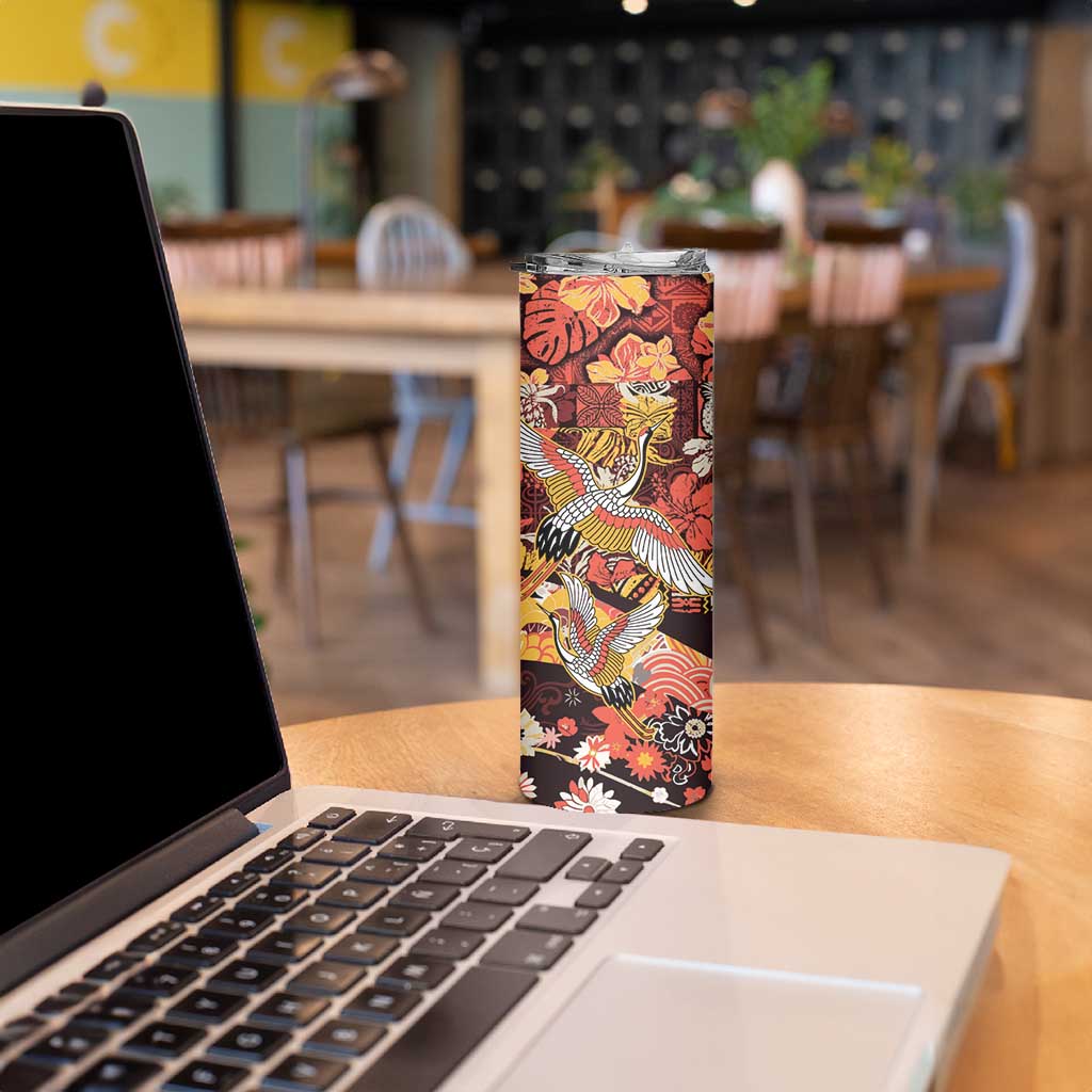Japanese Hawaiian Crane Skinny Tumbler Yellow Ochre Tapa Patchwork Pattern