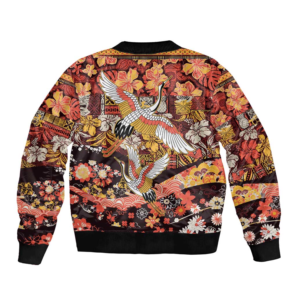 Japanese Hawaiian Crane Sleeve Zip Bomber Jacket Yellow Ochre Tapa Patchwork Pattern