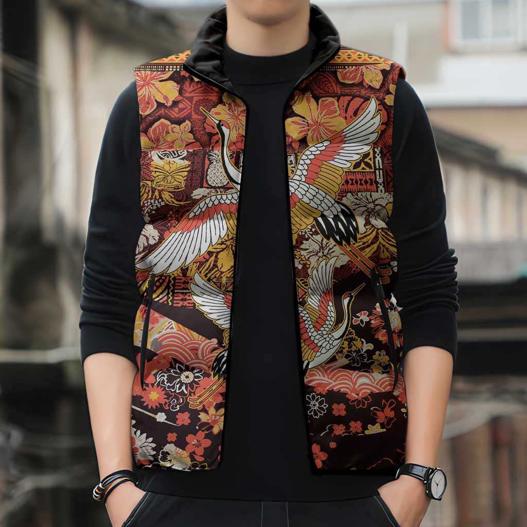 Japanese Hawaiian Crane Sleeveless Puffer Jacket Yellow Ochre Tapa Patchwork Pattern