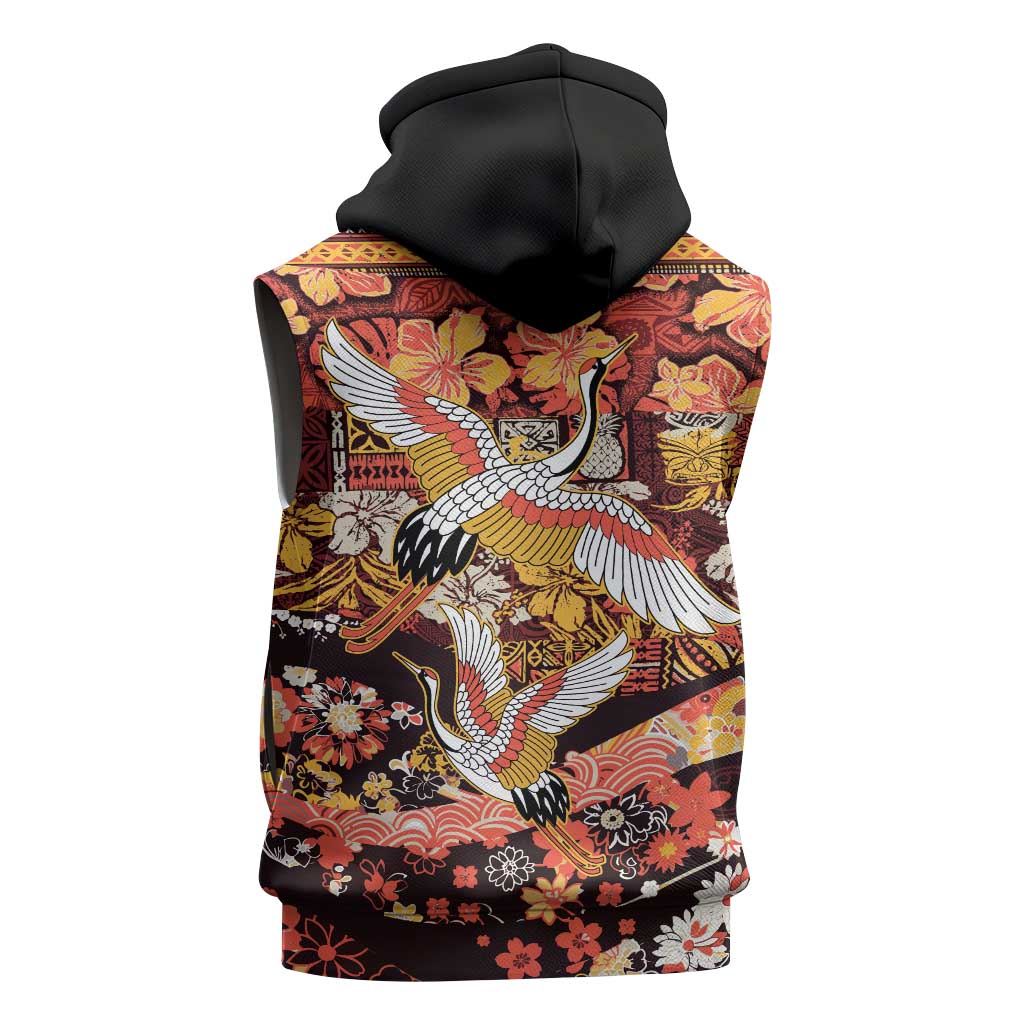Japanese Hawaiian Crane Sleeveless Zip Hoodie Yellow Ochre Tapa Patchwork Pattern