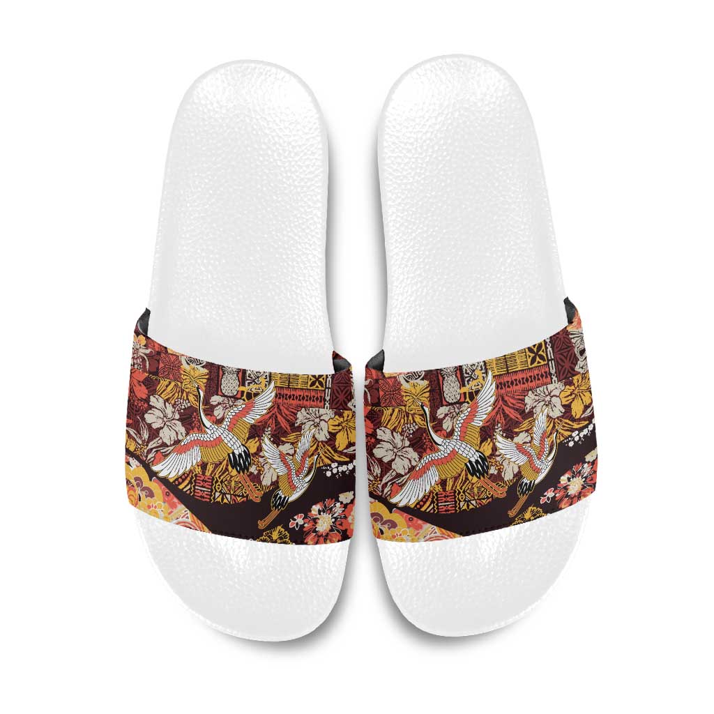 Japanese Hawaiian Crane Slide Sandals Yellow Ochre Tapa Patchwork Pattern