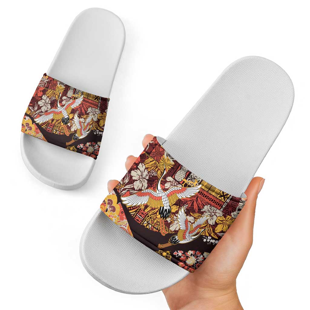 Japanese Hawaiian Crane Slide Sandals Yellow Ochre Tapa Patchwork Pattern